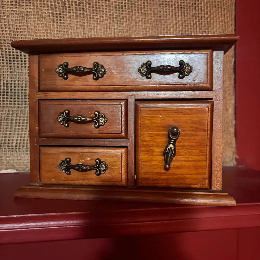 Vintage Powell Wooden Jewelry Box Mini Dresser Chest Organiser 4 Drawer Taiwan